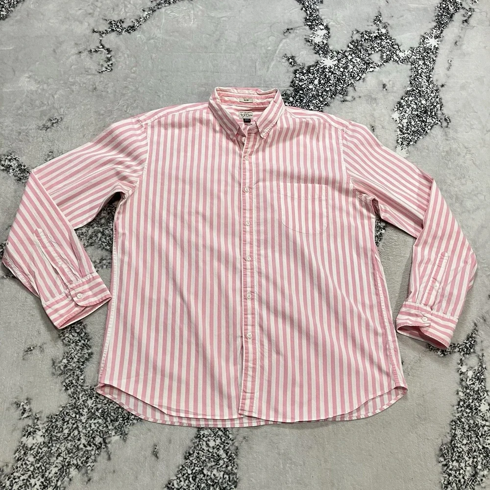 J Crew Shirt Pink White Stripe Mens Size‎ XXL Button Up Stretch Slim Fit